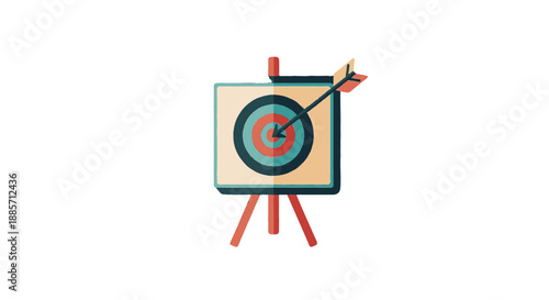 Target with arrow hit in center on easel in simple flat design with bold colors and clean lines for marketing transparent background