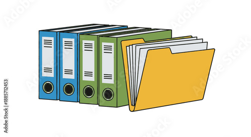 Office binders with files in colorful illustration style on white background for office supplies transparent background