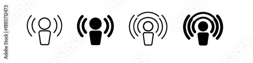 Set of four broadcast user icons in outline and filled styles for signal, podcast, and UI design