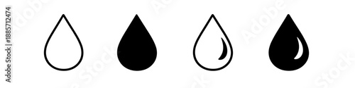 Set of four water drop icons, two outlined and two solid black, representing liquid elements