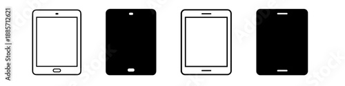 Set of tablet icons in outline and solid black styles for digital design