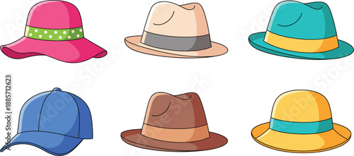 Stylish hat collection including fedora cap and summer headwear vector illustration set