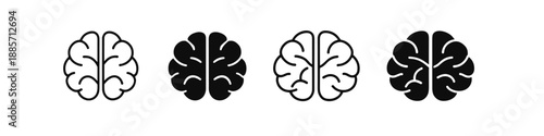 Set of brain icons in outline and solid fill styles for diverse design applications