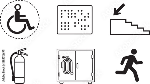 A collection of essential accessibility and safety signage, meticulously depicted in simple line art, communicates vital information about navigating public spaces.