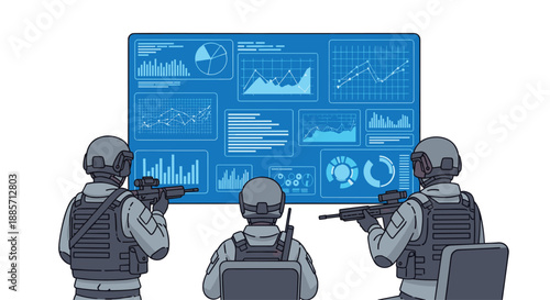 This intense illustration shows three soldiers in full tactical gear intently observing a large digital screen displaying complex data, graphs, and charts, indicating a high-tech military operation.