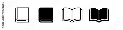 Collection of four book icons showing closed and open books in outline and solid styles