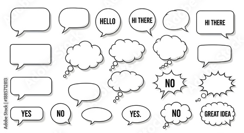 Set of Hand Drawn Comic Speech and Thought Bubbles Vector with Text and Drop Shadow isolated PNG with Transparent Background