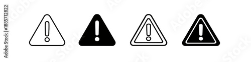 Set of four warning signs with exclamation marks in triangles, black and white icons