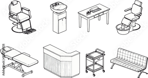 A black and white image displays a collection of salon equipment in an illustrative format, encompassing various stations and furnishings essential for a comprehensive beauty service setup.