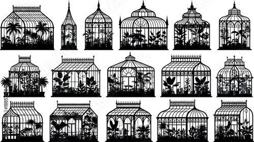 Vintage botanical greenhouse silhouettes set featuring ornate glass conservatories, tropical plants, Victorian garden architecture, black vector illustrations isolated on white background collection