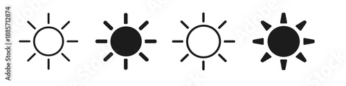 Set of four sun icons, two outlined and two filled, representing different brightness levels