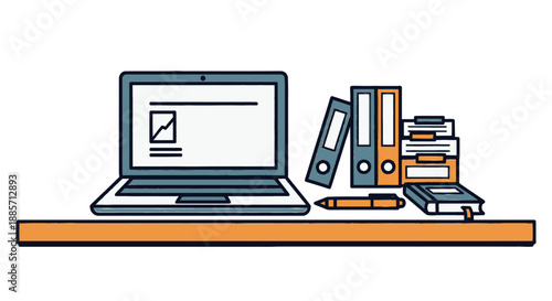 Laptop with checklist on screen in modern minimalist style with bright flat colors on wooden desk for office workspace transparent background