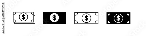 Set of four simple icons representing dollar bills in black and white outline and solid fill