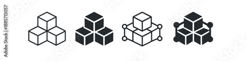 Set of four cube cluster icons representing data structure and network connections
