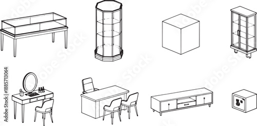 A collection of carefully rendered furniture and architectural components, each element is outlined with precise lines, creating a clean and minimalist aesthetic. 