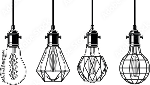 Vintage industrial pendant light illustration set with hanging bulbs, wire cage lampshades, and classic Edison filament designs in black and white line art