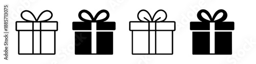 Set of four gift box icons with bows, two in outline and two solid black
