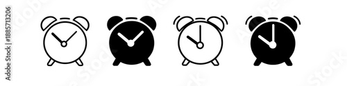 Collection of four alarm clock icons in black and white, showing different styles and ringing