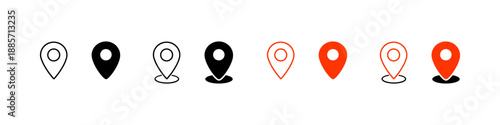 Collection of map pin icons in black and red, outline and filled styles