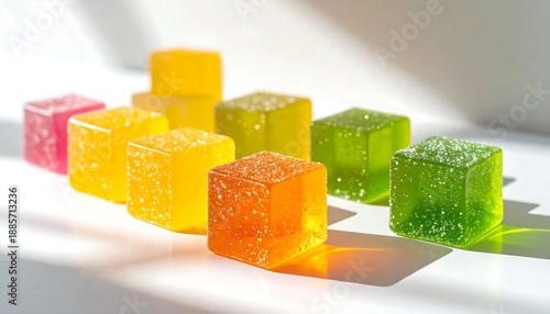 透明感のある角砂糖状のカラフルな菓子が光を受けて並ぶ甘美な情景