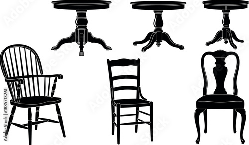 Vintage wooden furniture silhouettes set featuring classic chairs and round tables, antique interior decor elements, black vector illustrations isolated on white background
