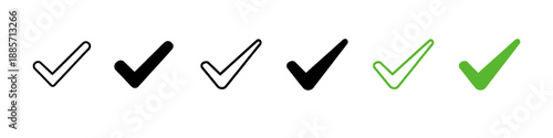 Collection of six different checkmark icons in black and green, outlined and filled