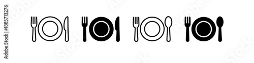 Set of four icons representing dining settings with plates, forks, knives, and spoons