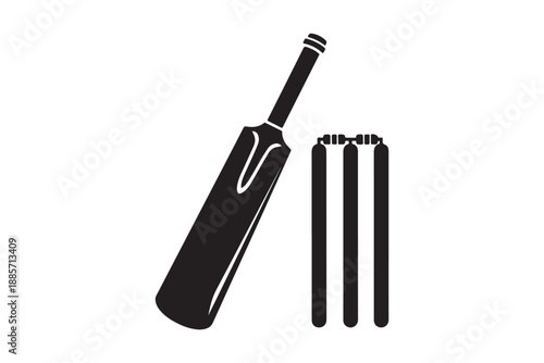 Cricket bat, stumps and bails icon black silhouette vector art