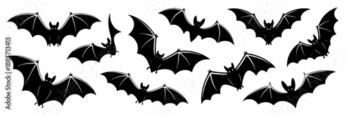 Group of black bat silhouettes flying together in a stylized vector illustration, dark outlines against a night sky background.