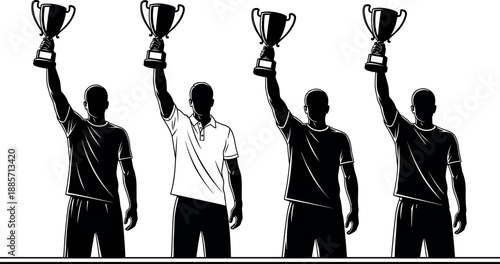 Winner man silhouette illustration set showing champions holding trophy cups raised overhead celebrating victory, success achievement, and sports competition isolated on white background