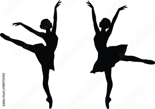 Black ballet dancer silhouettes, elegant pose, classical movement, pointe technique, graceful performance, vector illustration, expressive choreography, dance art, stage elegance, minimal style