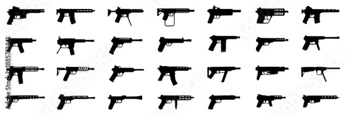A grid display of various black silhouette images of different handguns and submachine guns, shown against a plain white background.