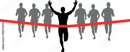 Winning runner crossing finish line illustration with leading athlete silhouette, race victory success competition concept isolated on white background sports marathon sprint