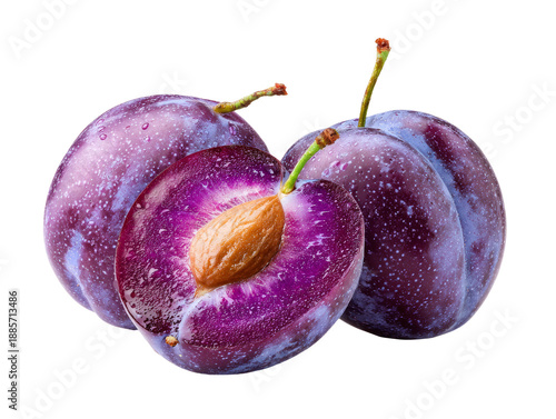 Three plums, one cut open revealing the seed, showcasing the vibrant colors and textures Isolated Transparent Background, PNG