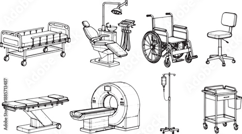 A diverse collection of medical equipment, presented as line art, showcasing various tools and instruments essential to healthcare environments.
