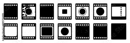 A collection of black and white icons depicting various film strip frames and elements, arranged in a grid a plain white background.