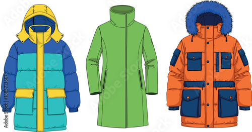 Winter jacket and coat fashion illustration set featuring colorful puffer parka and long coat designs, modern outerwear apparel isolated on white background