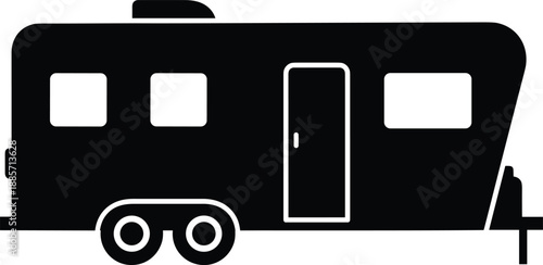 Black camper trailer silhouette, recreational vehicle icon, travel caravan vector illustration, isolated on white background, camping car symbol, mobile home design, road trip art.