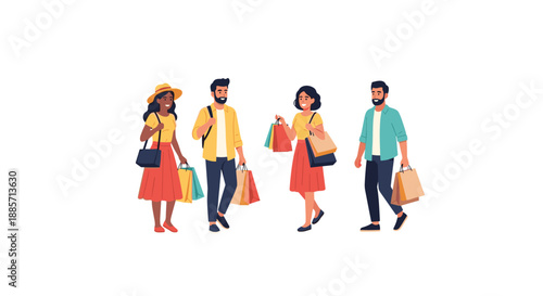 This lively illustration shows a diverse group of people, including men and women, happily walking together while carrying colorful shopping bags, symbolizing consumerism and leisure.