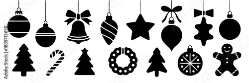A row of various black silhouette Christmas and holiday ornaments and decorations, including bells, balls, stars, and other festive shapes, on a white background.