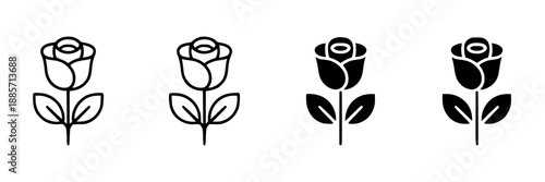 Four minimalist rose icons in thin line style, arranged horizontally on white background, each rose with simple curves and muted shading