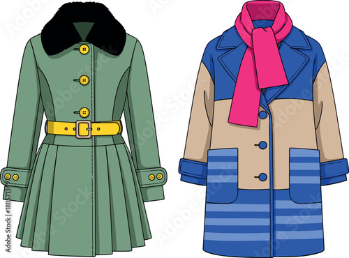 Winter women coat fashion illustration set showing stylish long jackets with belt scarf and fur collar seasonal outerwear vector isolated on white background