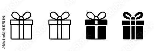 Four simple outline icons showing gift boxes, each topped with a ribbon, arranged in a row to represent a set of gift package options for a UI.