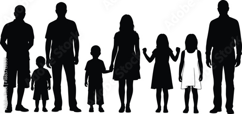 Collection of black silhouettes featuring a diverse group of adults and children in standing poses isolated on a white background for creative design projects.
