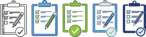 Clipboard checklist icon set, task management concept, productivity symbols, approval and organization tools, colorful vector design - flat vector illustration