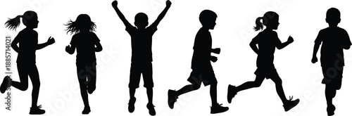 Children running silhouettes, active kid poses, playful movement icons, energetic youth figures, health and exercise theme, flat vector illustration