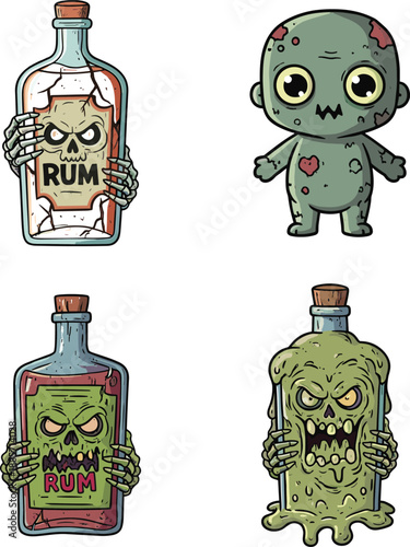 Cartoon zombie illustrations with spooky rum bottles and cute undead characters, colorful horror vector set isolated on white background for Halloween designs
