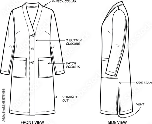 Coat technical sketch, front and side view, V-neck collar, patch pockets, button closure, fashion design template, flat vector illustration