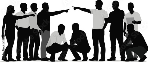 Silhouette of Eleven Men in Conflict Scene with Accusation, Blame, and Group Dynamics in Black and White