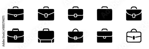 Collection of ten minimalist black briefcase icons arranged in two rows on a plain white background, showing slight variations in design.